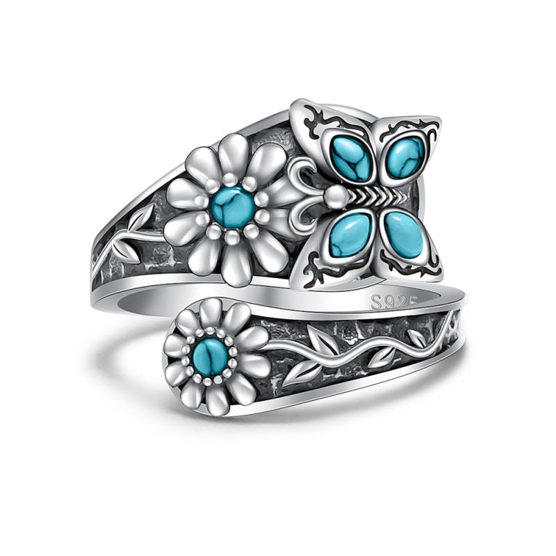 Sterling Silver Turquoise Hummingbird Butterfly Sunflower Adjustable Spoon Ring