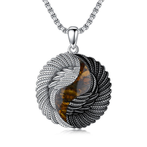 Sterling Silver Turquoise Obsidian Opal Tiger's Eye Yin Yang Angel Wings Pendant Necklace