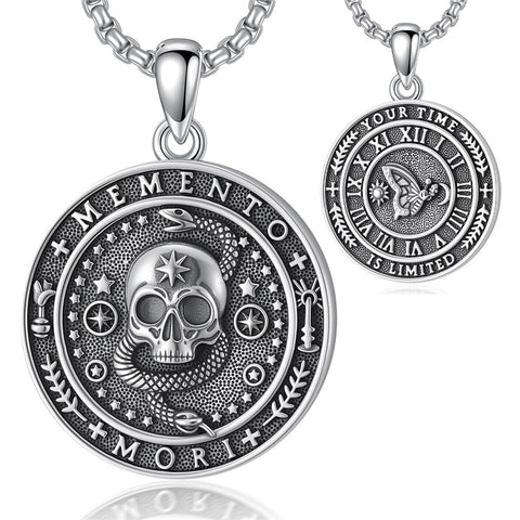 Sterling Silver Gothic Skull Memento Mori Pendant Necklace