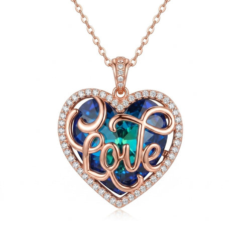 14K Gold Plated LOVE Heart Crystal Blue Pendant Necklace for Women