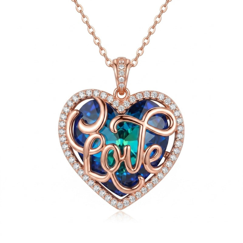14K Gold Plated LOVE Heart Crystal Blue Pendant Necklace for Women