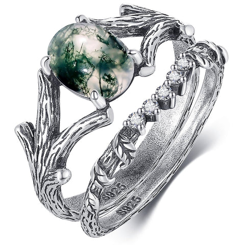 Sterling Silver Moss Agate Moonstone Branch Engagement Wedding Promise Ring  for Her