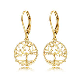 14k Solid Gold Tree of Life Leverback Earrings for Women, Dangle Drop Earrings Birthday Gifts for Her