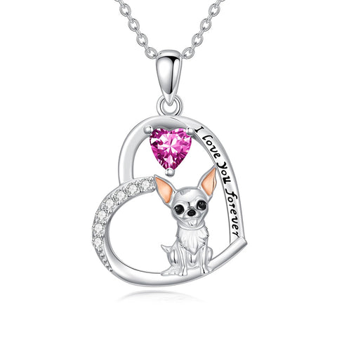 Sterling Silver 12 Month Birthstone Schnauzer Chihuahua Pitbull Pug Pendant Necklace for Women