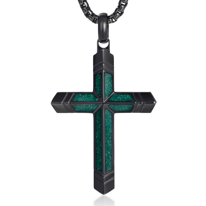 14K Gold Plated Turquoise Malachite Cross Necklace for Men Christianity Cross Jewelry