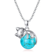 14K Gold Turquoise Larimar Labradorite Moss Agate Blue Sandstone  Cat Pendant Necklace