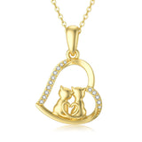 14K Gold 5A Cubic Zircon Cat Heart Pendant Necklace