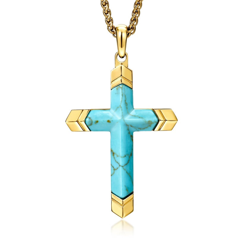 14K Gold Plated Turquoise Lapis Lazuli Cross Necklace for Men with Adjustable Chain