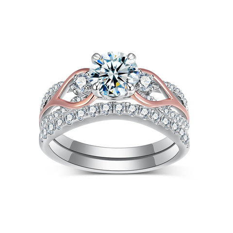 Sterling Silver Three Stone Moissanite Wedding Engagement Ring Sets