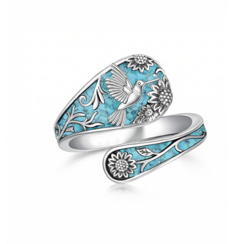 Sterling Silver Turquoise Hummingbird Butterfly Sunflower Adjustable Spoon Ring
