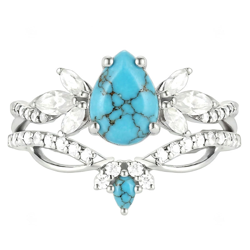 Sterling Silver Personalized Engraved 1-3CT Turquoise Engagement  Wedding Promise Ring Set for Her