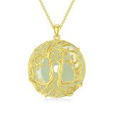 14k Gold Plated Sterling Silver Round Jade Tree of Life Necklace Good Fortune Jewelry for Women