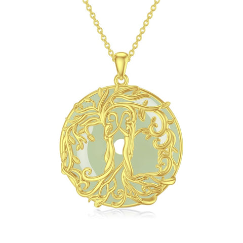 14k Gold Plated Sterling Silver Round Jade Tree of Life Necklace Good Fortune Jewelry for Women