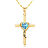 14K Gold Plated Dainty Heart Birthstone Pendant Cross Necklace for Women Religious Gift