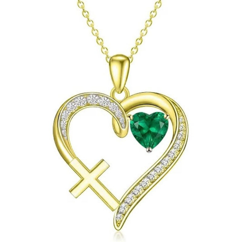 14K Gold  Plated 12 Months Birthstone  Heart Cross Pendant Necklace  for Women