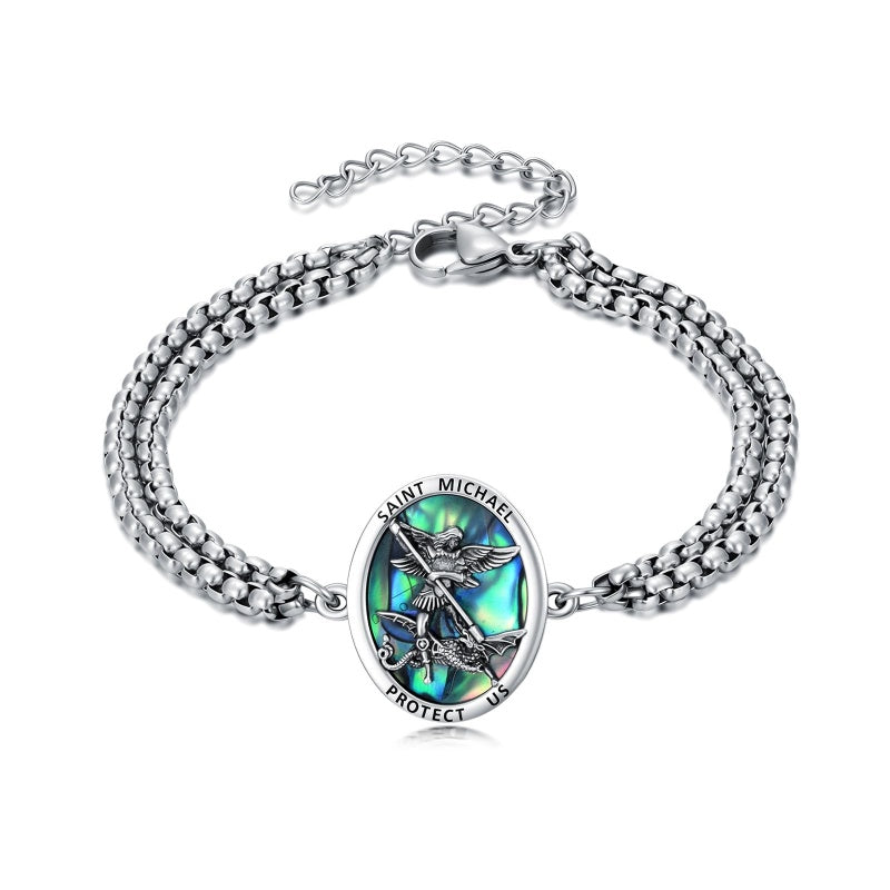 Sterling Silver Abalone Shell Saint Michael Bracelet Catholic Jewelry