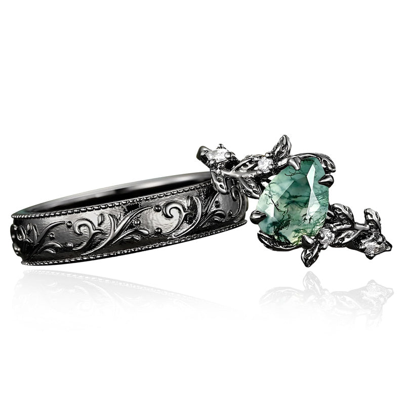 Sterling Silver 10K 14K 18K Gold Natural Leaf  Moss Agate Engagement Anniversary Couple Ring Sets