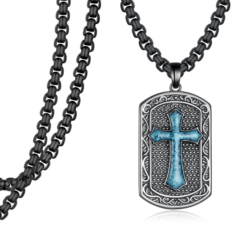 14K Gold Plated Turquoise Malachite Abalone Shell Cross Pendant Necklace for Men