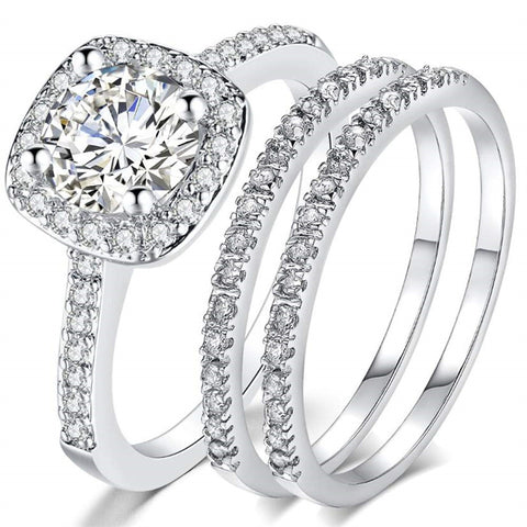 Copper Cubic Zirconia Three-in-One Halo Engagement Wedding Band Ring Set