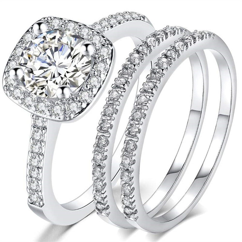 Copper Cubic Zirconia Three-in-One Halo Engagement Wedding Band Ring Set