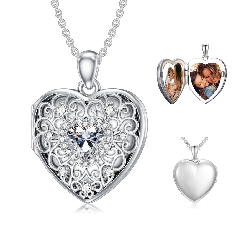 Sterling Silver Heart Crystal Personalized Picture Heart Locket Pendant Necklace