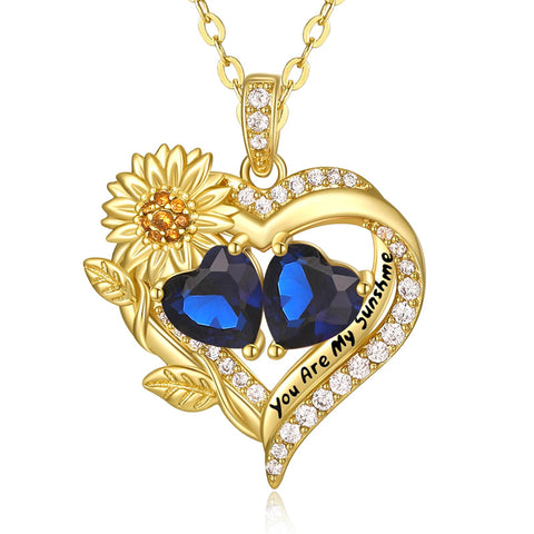 Sterling Sliver Birthstone Love Heart & Sunflower Pendant Necklace Engraved With You Are My Sunshine