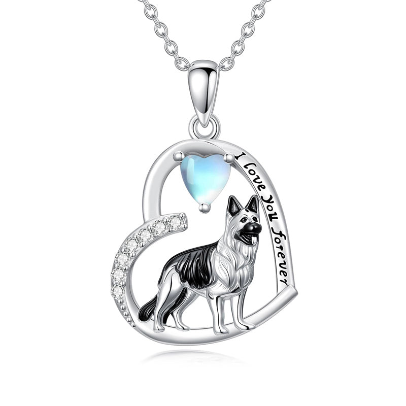 Sterling Silver Moonstone Pug Chihuahua Poodle German Shepherd Maltese Pendant Necklace Engraved wth I Love You Forever