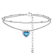 Sterling Silver 12-Month Heart Birthstone Double Layered Anklet