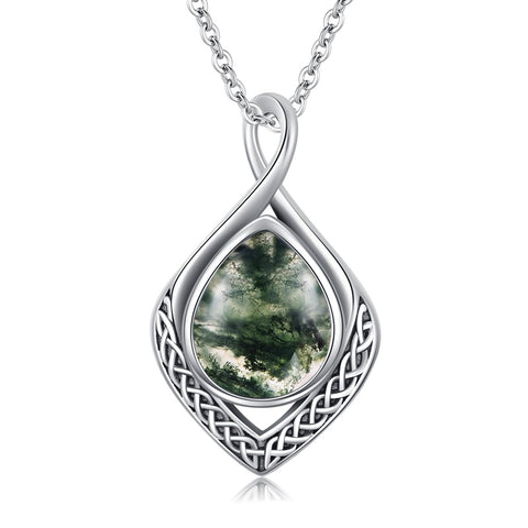Sterling Silver Moss Agate Celtic Knot Rose Claddagh Filigree Pendant Necklace