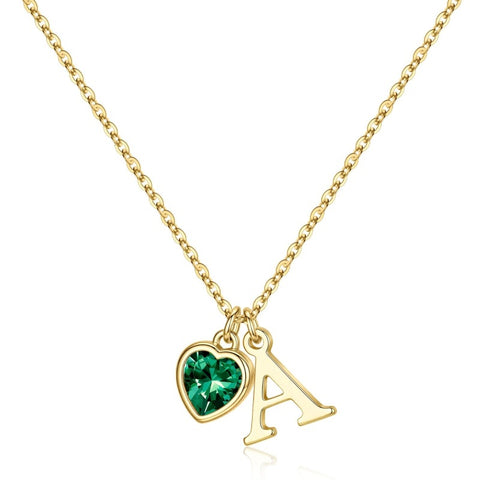 14K Gold Plated Initial A-Z Heart Birthstone Letter Necklace