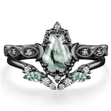 Sterling Silver 2CT Moss Agate  Engagement Wedding Ring Sets for Women