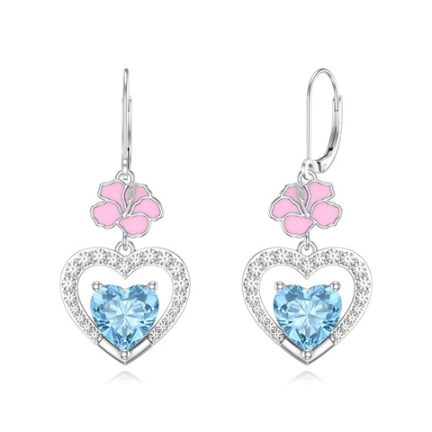 Sterling Silver Heart Cubic Zirconia Sunflower Rose Daisy Lily Lotus Hibiscus Dangle Earrings