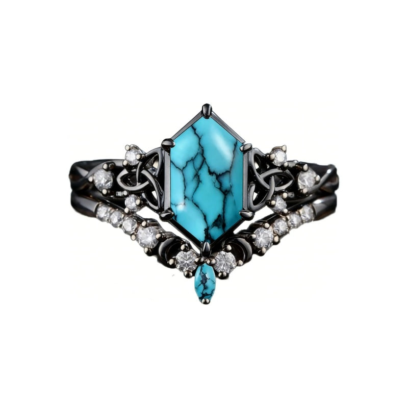 Sterling Silver 10K 14K 18K Gold Turquoise Engagement  Wedding Ring Set for Women