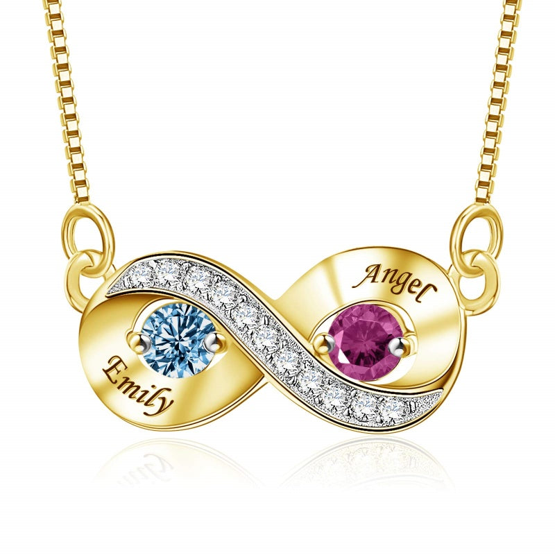 14K Gold 2  Simulated Birthstone Personalized Engraved Pendant Necklace for Women
