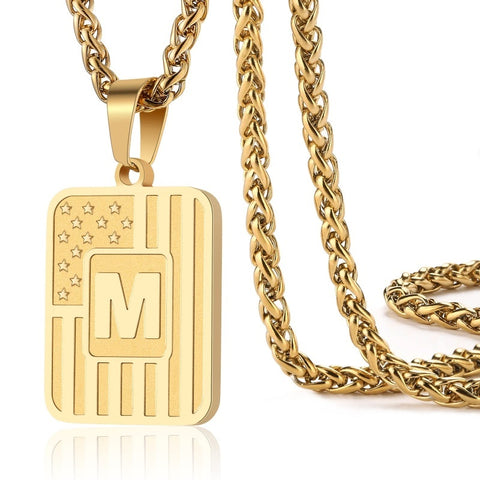 14K Gold Plated  American Flag Initial A-Z Pendant Necklace for Men
