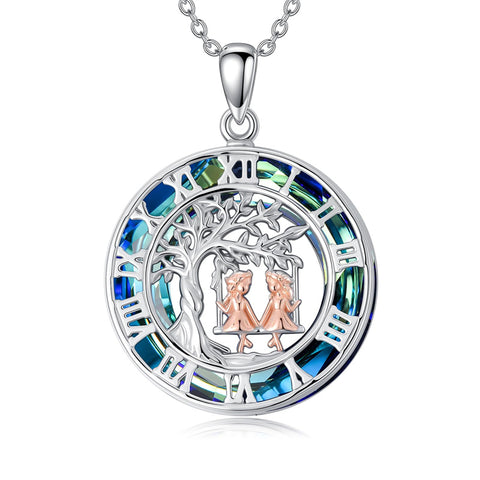 Sterling Silver Blue Crystal Tree of Life Father Daughter Mother Daughter Sister Pendant Necklace