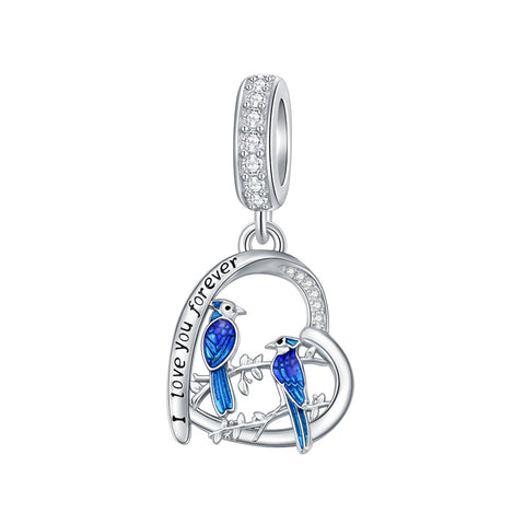 Sterling Silver Blue Jay  Charm Beads Engraved with I Love Forever