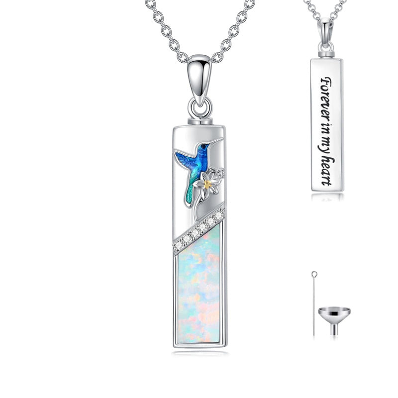Sterling Silver  Opal Personalized Engraved Bar Pet  Butterfly Dragonfly Tree of Life  Urn Necklace for Ashes
