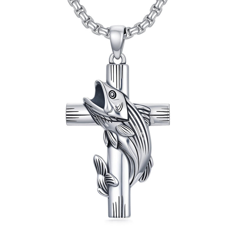 Sterling Silver Bass Fish Cross Pendant  Necklace for Men
