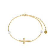 14k Gold Cross Anklets for Women, Real Pearl Religious Ankle Bracelet Gifts for Her, 9.4"+0.8"+0.8"