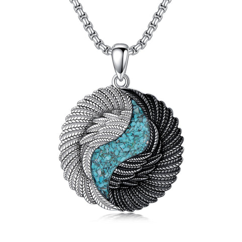 Sterling Silver Turquoise Obsidian Opal Tiger's Eye Yin Yang Angel Wings Pendant Necklace