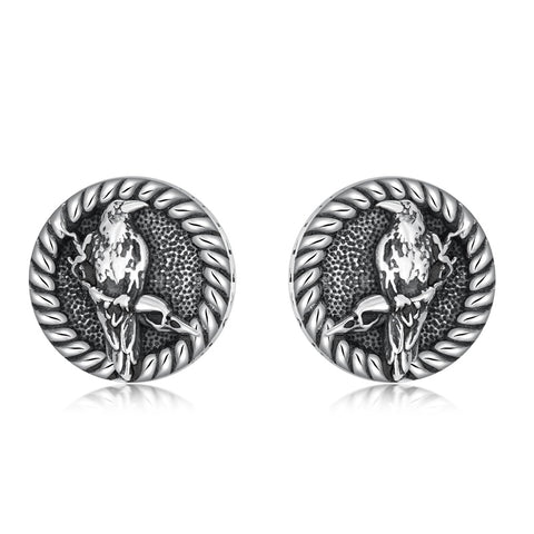 Sterling Silver Viking Raven Crow Skull Stud Earrings