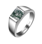 Sterling Silver 10K 14K 18K Gold Personalized Engraved Moss Agate Men's Wedding Ring Engagement Ring