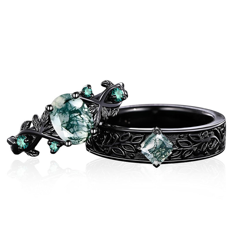 Sterling Silver 10K 14K 18K Gold Natural Leaf  Moss Agate Engagement Anniversary Couple Ring Sets