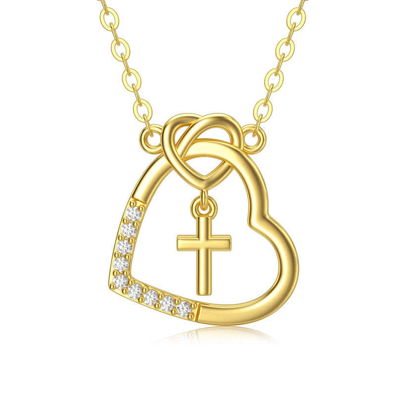 14K Real Gold Heart Necklace for Women,God in My Heart Faith Hope  Love,Yellow/White Gold Cross Heart Pendant Necklace with Cubic Zirconia