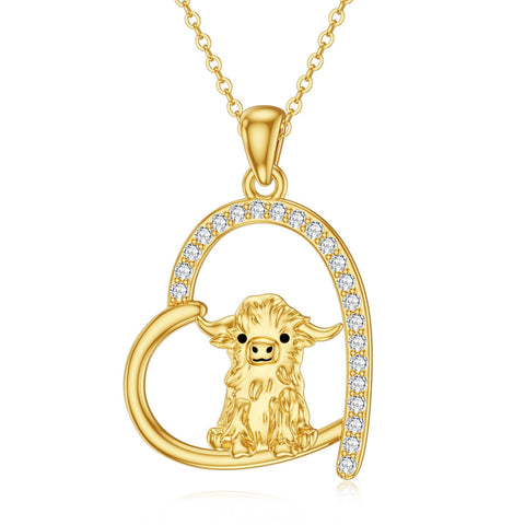 14K Gold Heart Highland Cow Pendant Necklace