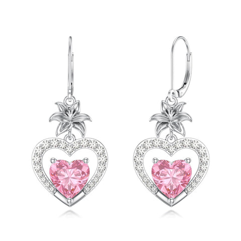 Sterling Silver Heart Cubic Zirconia Sunflower Rose Daisy Lily Lotus Hibiscus Dangle Earrings
