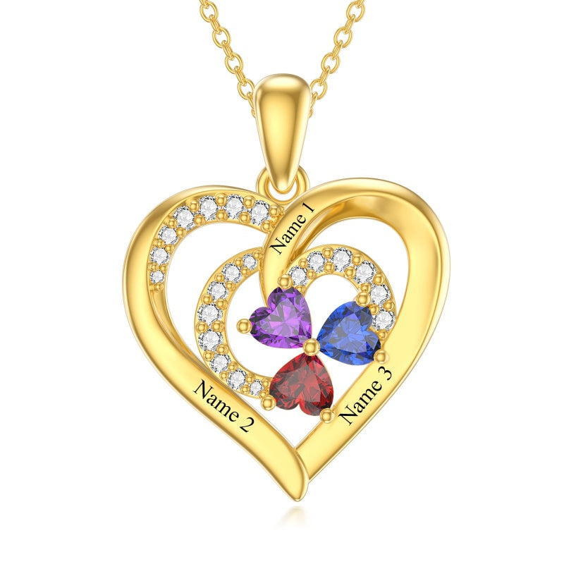 10K 14K 18K Solid Gold Personalized Engraved 1-4 Birthstone Heart Necklaces for Women