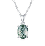 Sterling Silver Oval Pear Cut Green Moss Agate Pendant Necklace