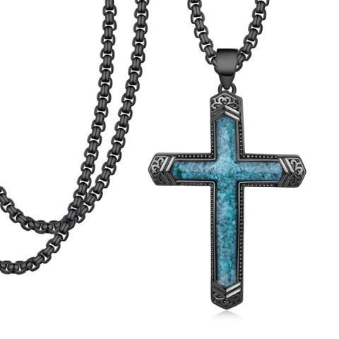 14K Gold Plated Turquoise Malachite Abalone Shell Cross Pendant Necklace for Men